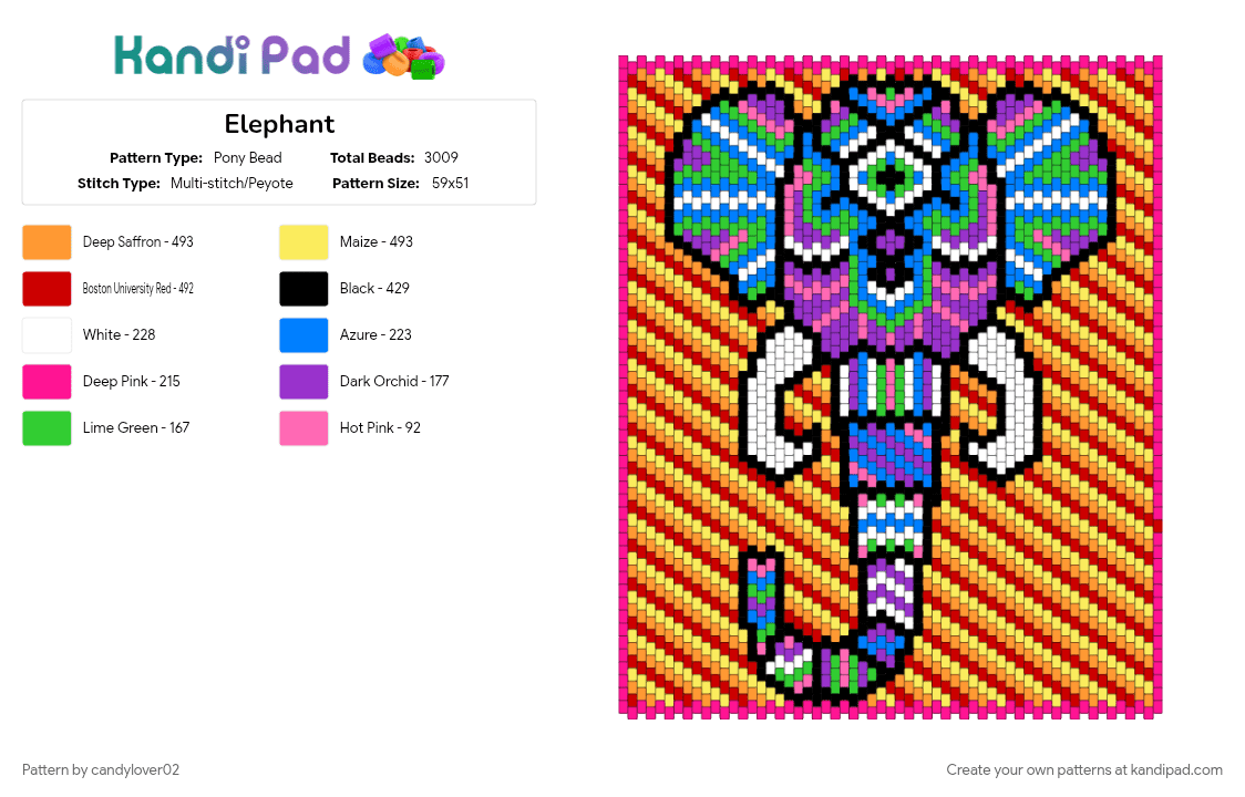 Elephant - Pony Bead Pattern by candylover02 on Kandi Pad - orange, pink, red, yellow