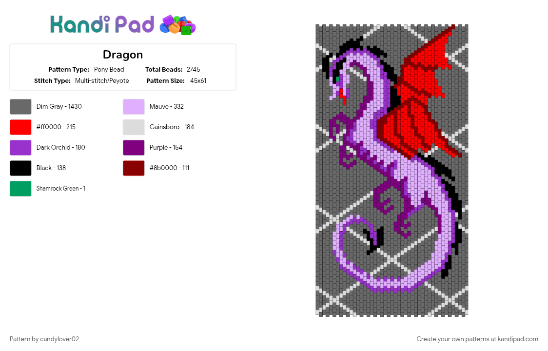 Dragon - Pony Bead Pattern by candylover02 on Kandi Pad - dragon, gray, pink, purple, red