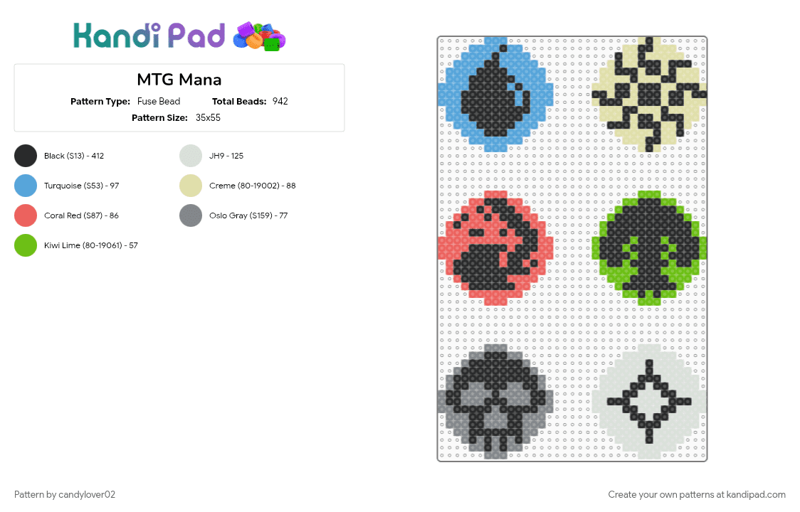 MTG Mana - Fuse Bead Pattern by candylover02 on Kandi Pad - black, blue, colorful, colorless, gray, green, mana, mtg, red, white, yellow