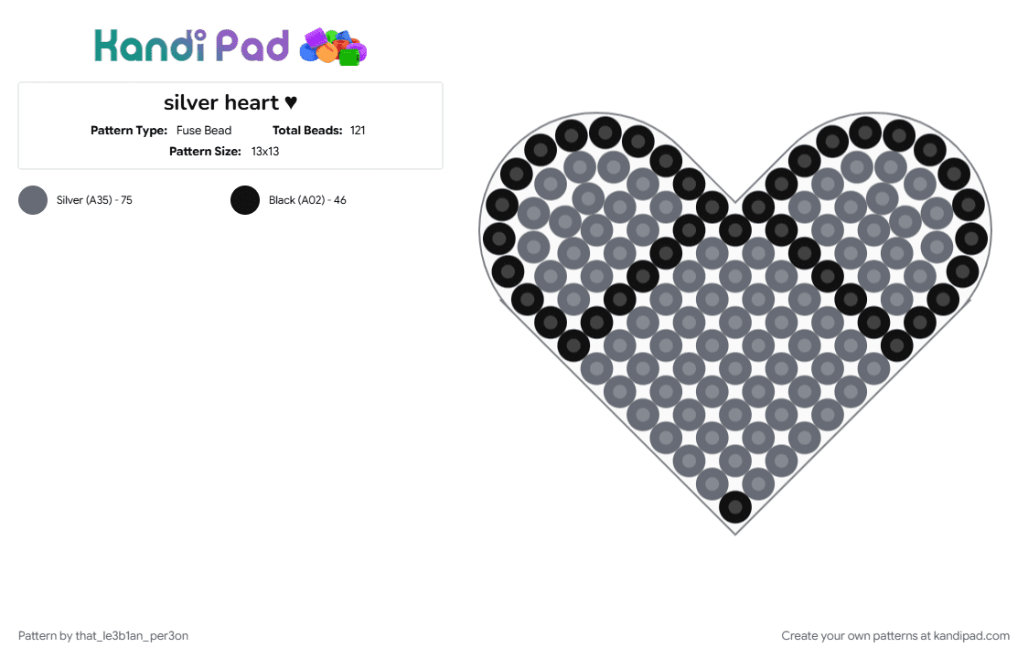 silver heart ♥ - Fuse Bead Pattern by that_le3b1an_per3on on Kandi Pad - black, cotdsilver, gray, heart, love, silver