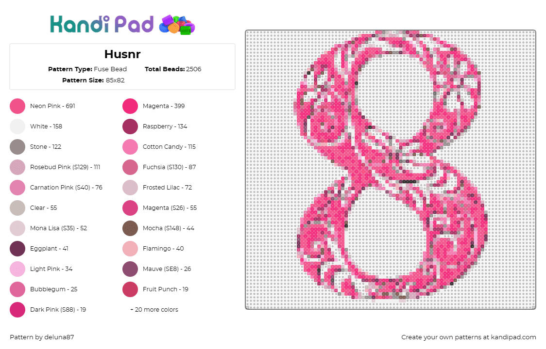 Husnr - Fuse Bead Pattern by deluna87 on Kandi Pad - number,eight,floral,text,pink