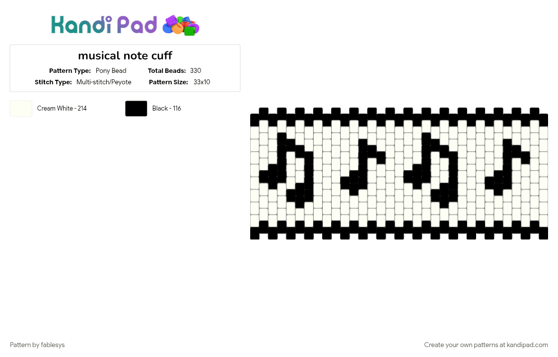 musical note cuff - Pony Bead Pattern by fablesys on Kandi Pad - black, white