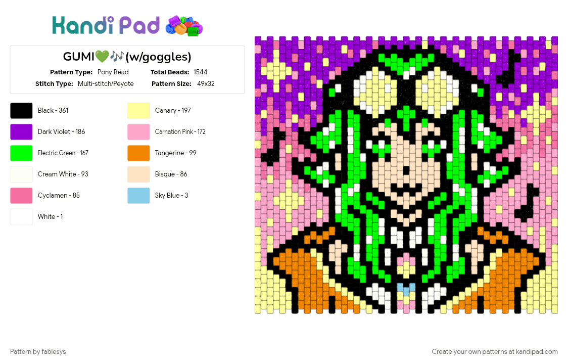 GUMI💚🎶(w/goggles) - Pony Bead Pattern by fablesys on Kandi Pad - green, pink, purple, yellow