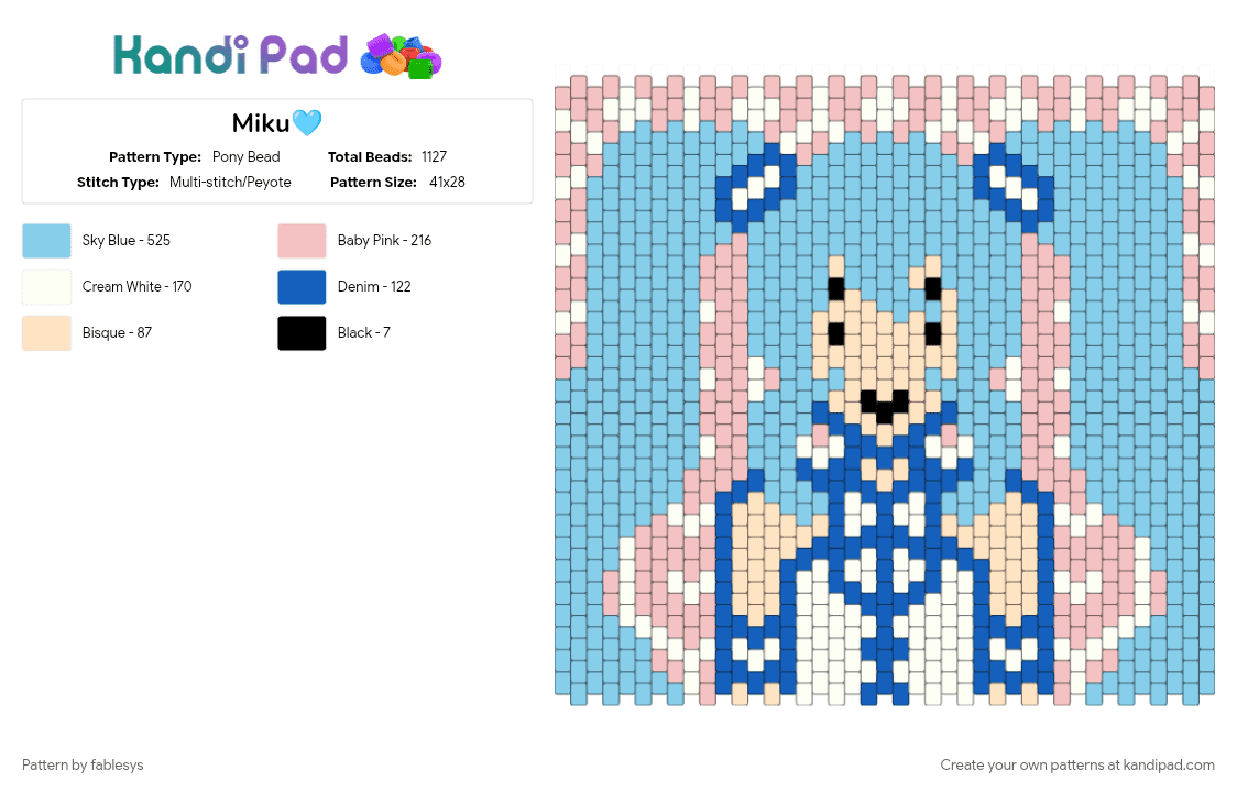 Miku🩵 - Pony Bead Pattern by fablesys on Kandi Pad - beige, light blue
