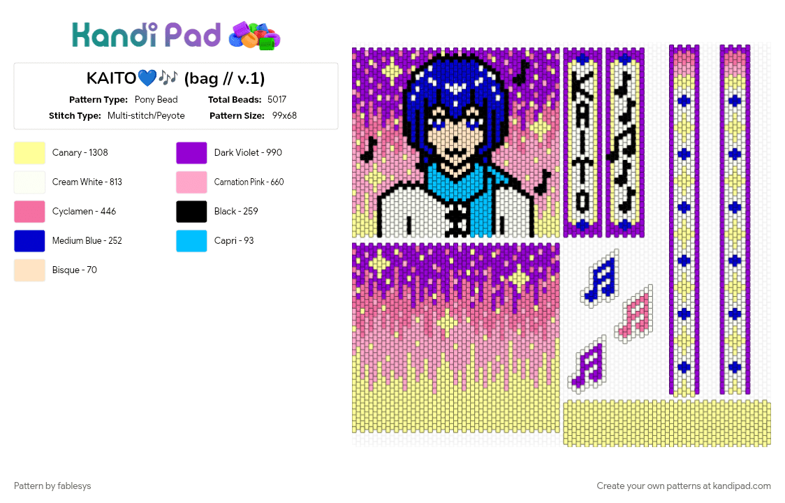 KAITO💙🎶 (bag // v.1) - Pony Bead Pattern by fablesys on Kandi Pad - pink, purple, yellow