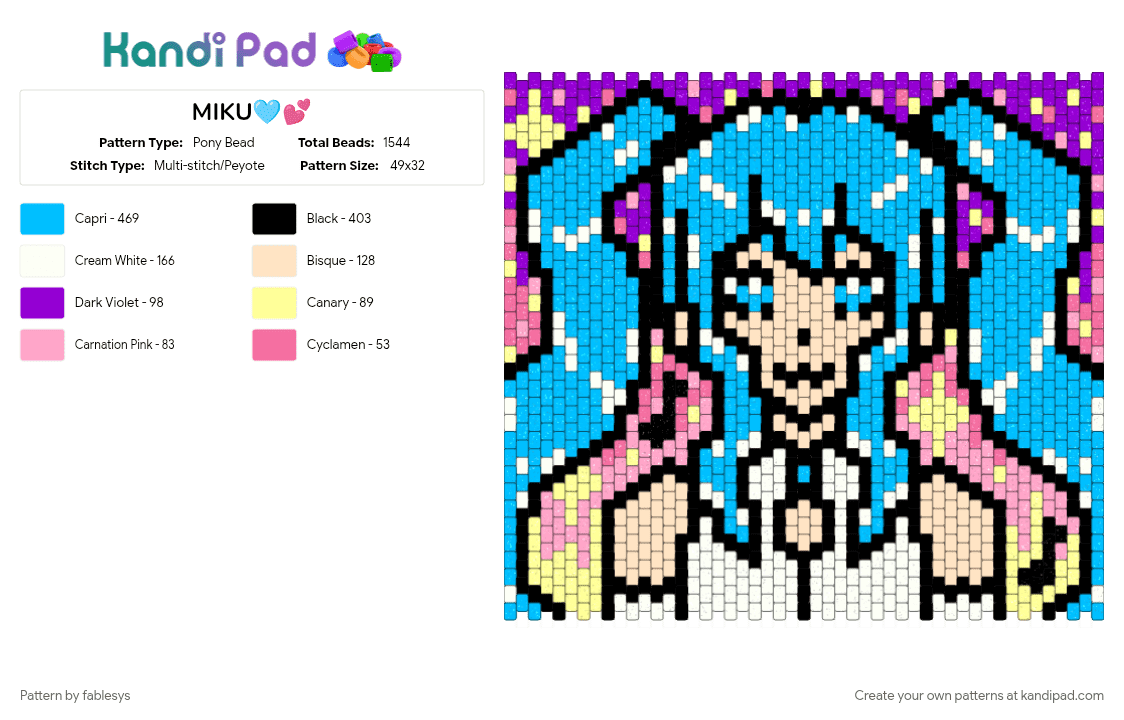 MIKU🩵🎶 - Pony Bead Pattern by fablesys on Kandi Pad - light blue