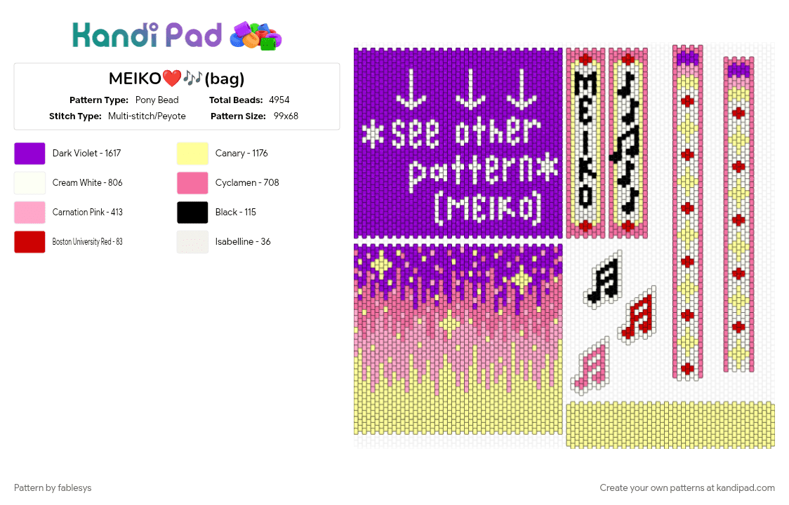MEIKO❤️🎶(bag) - Pony Bead Pattern by fablesys on Kandi Pad - pink, purple, yellow