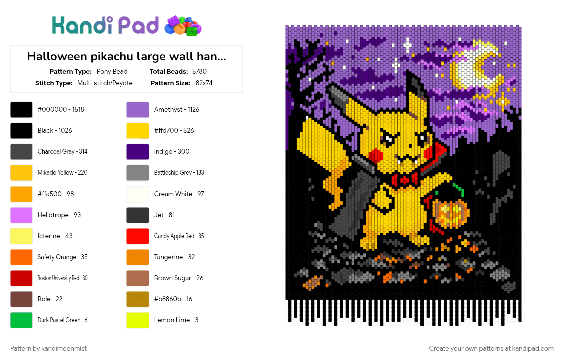 Halloween pikachu large wall hanging - Pony Bead Pattern by kandimoonmist on Kandi Pad - black, brown, gaming, halloween, pikachu, pokemon, purple, spooky, wall art, yellow