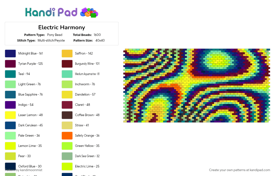 Electric Harmony - Pony Bead Pattern by kandimoonmist on Kandi Pad - bag panel, big pattern, blue, colorful, cotdharmonymusical, large pattern, psychedelic, teal, wall art, yellow