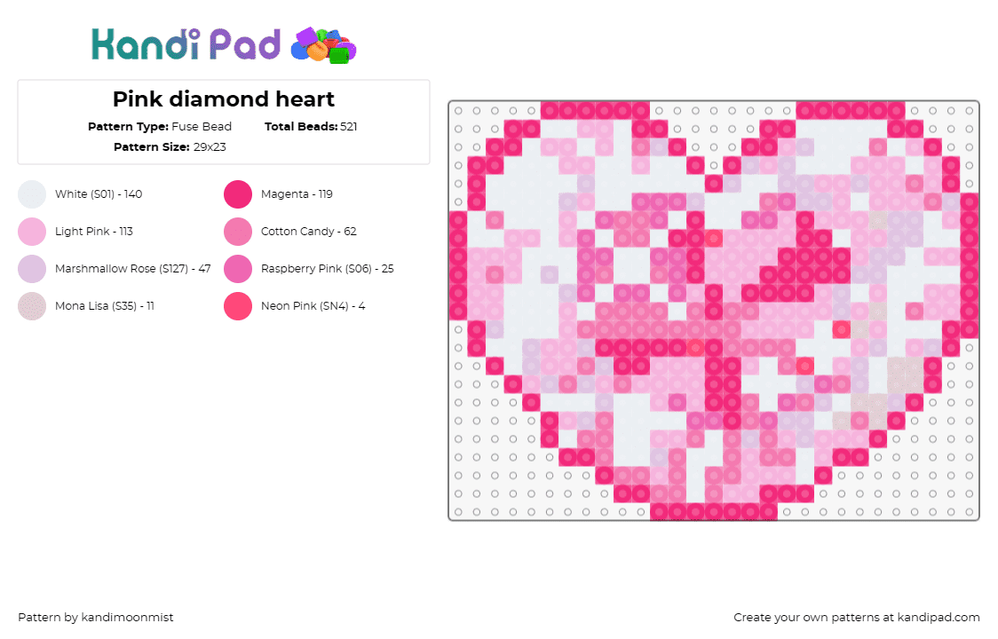 Pink diamond heart - Fuse Bead Pattern by kandimoonmist on Kandi Pad - heart,diamond,gem,love,valentine,pink,white