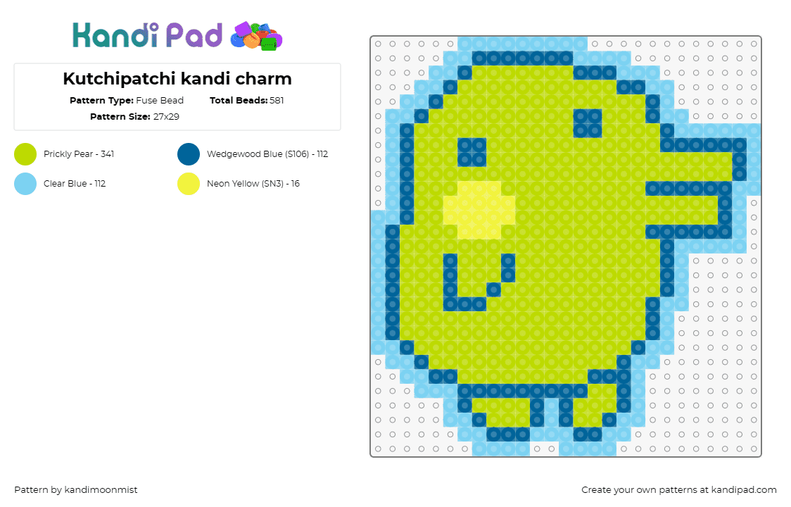 Kutchipatchi kandi charm - Fuse Bead Pattern by kandimoonmist on Kandi Pad - kuchipatchi,tamagotchi,character,video game,cute,simple,green,light blue