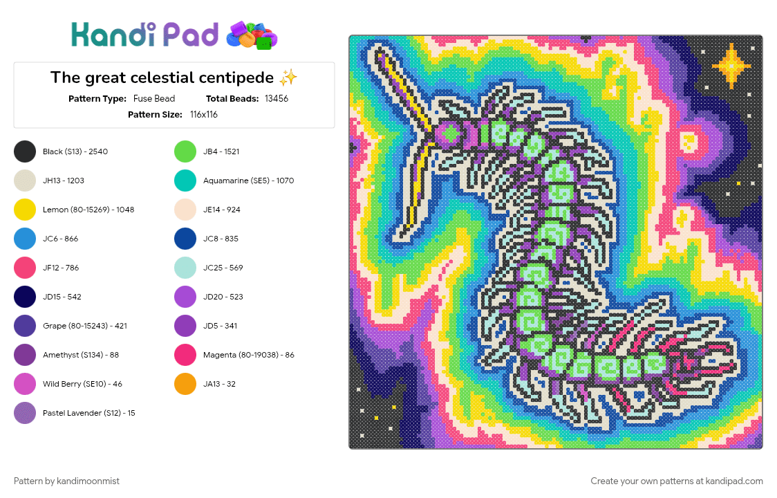 The great celestial centipede ✨️ - Fuse Bead Pattern by kandimoonmist on Kandi Pad - beige, bugs, centipede, colorful, cotdbugs, large pattern, light blue, psychedelic, teal
