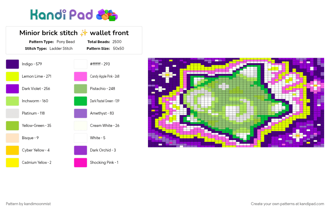 Minior brick stitch ✨️ wallet front - Pony Bead Pattern by kandimoonmist on Kandi Pad - character, colorful, gaming, green, minior, nintendo, pokemon, purple, space, trippy