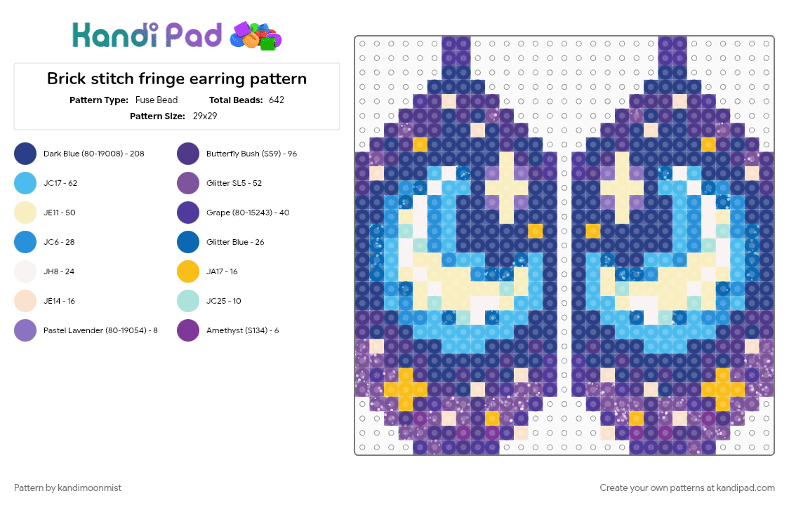 Brick stitch fringe earring pattern - Fuse Bead Pattern by kandimoonmist on Kandi Pad - blue, celestial, earrings, light blue, moon, purple, space