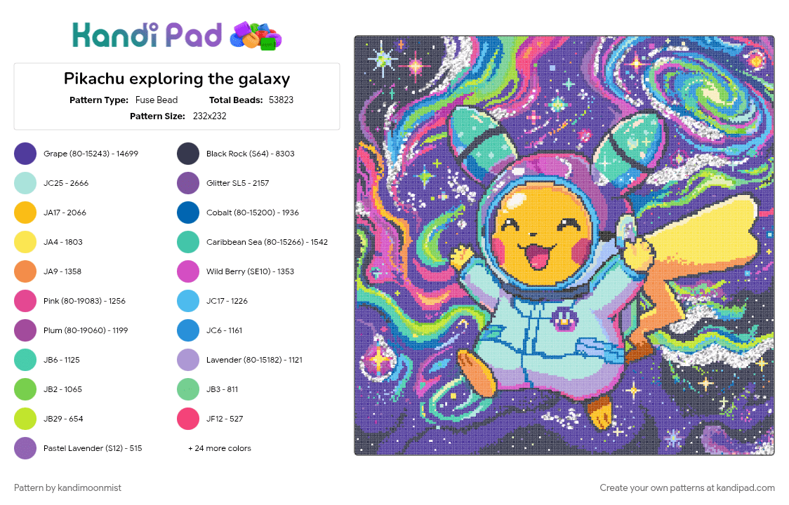 Pikachu exploring the galaxy - Fuse Bead Pattern by kandimoonmist on Kandi Pad - character, gaming, large, light blue, pikachu, pink, pokemon, purple, space