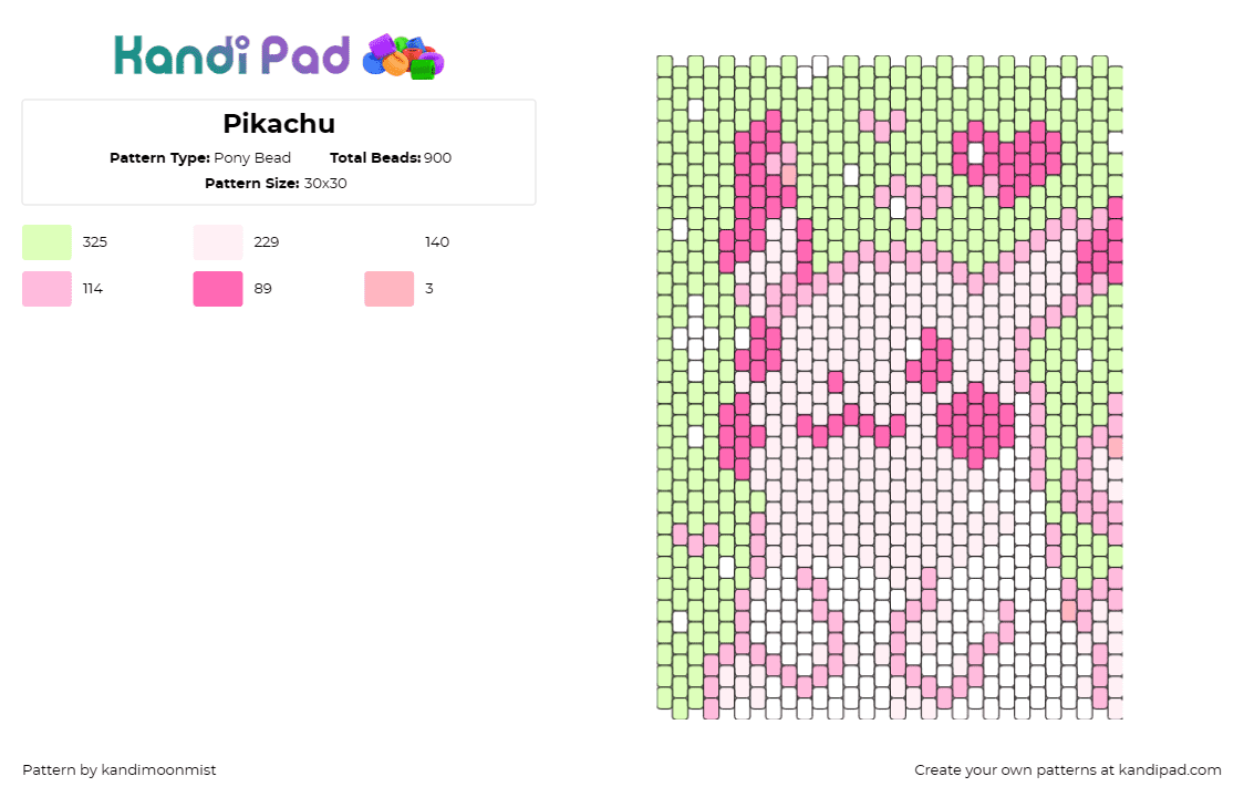 Pikachu - Pony Bead Pattern by kandimoonmist on Kandi Pad - pikachu,pokemon,hearts,cute,panel,gaming,character,pastel,pink,green