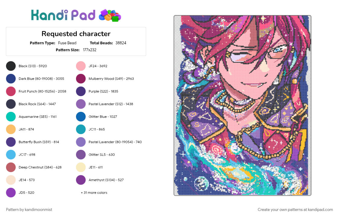Requested character - Fuse Bead Pattern by kandimoonmist on Kandi Pad - anime character, blue, character, large pattern, pink, purple, request, requested