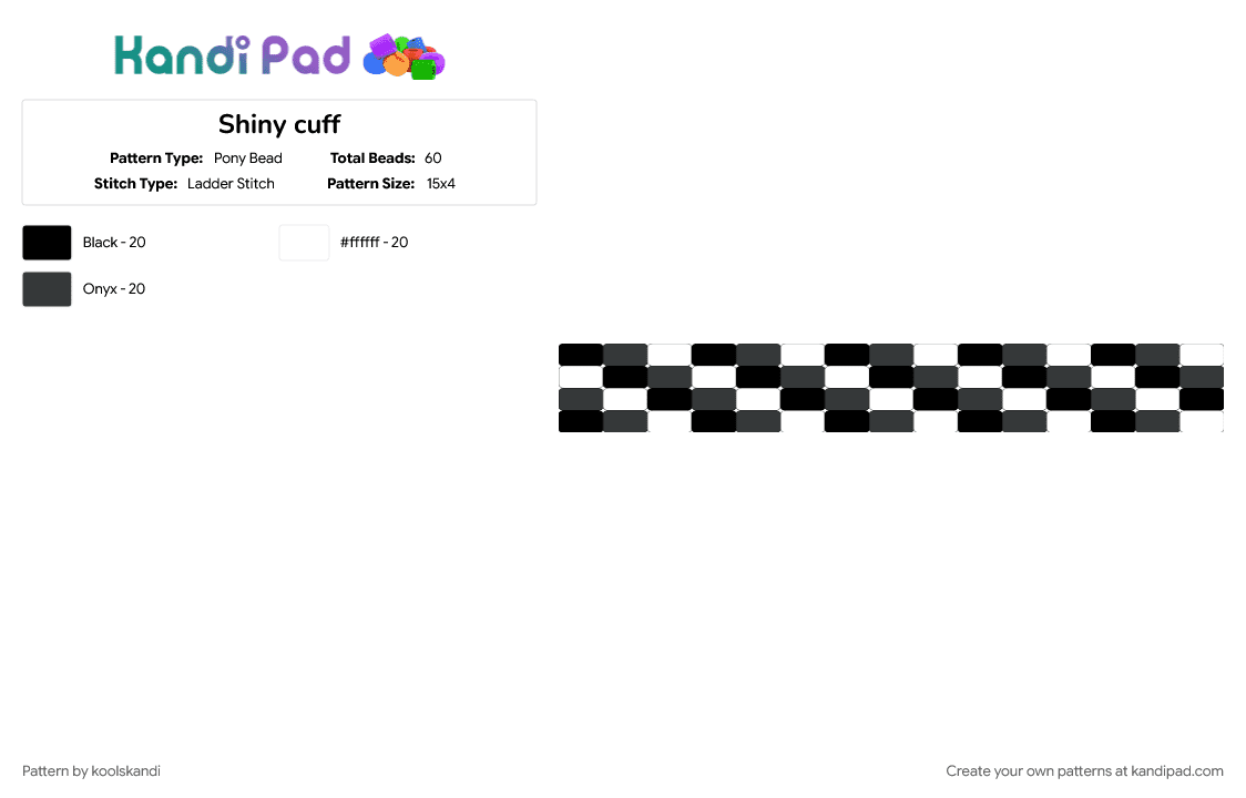 Shiny cuff - Pony Bead Pattern by koolskandi on Kandi Pad - black, cotdsilver, white