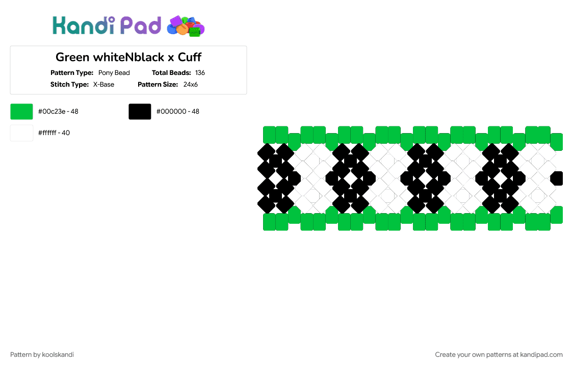 Green whiteNblack x Cuff - Pony Bead Pattern by koolskandi on Kandi Pad - green, white