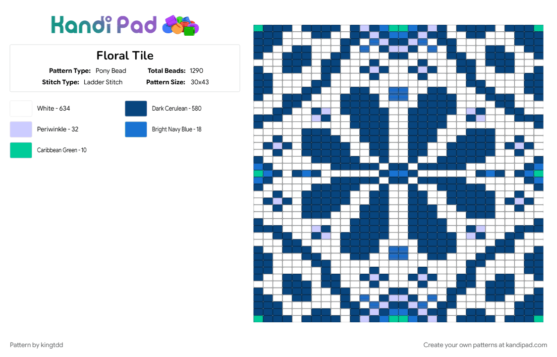 Floral Tile - Pony Bead Pattern by kingtdd on Kandi Pad - blue