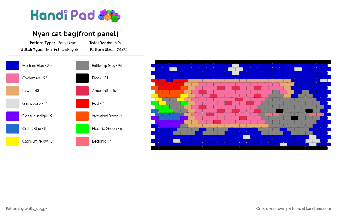 Nyan cat bag(front panel) - Pony Bead Pattern by wolfy_doggz on Kandi Pad - bag, cat, front panel, gray, nyan cat, pink, purple