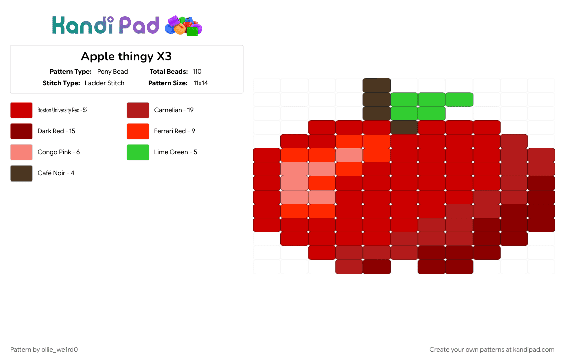 Apple thingy X3 - Pony Bead Pattern by ollie_we1rd0 on Kandi Pad - apple, cotdfarmersmarket, food, fruit, hi, red