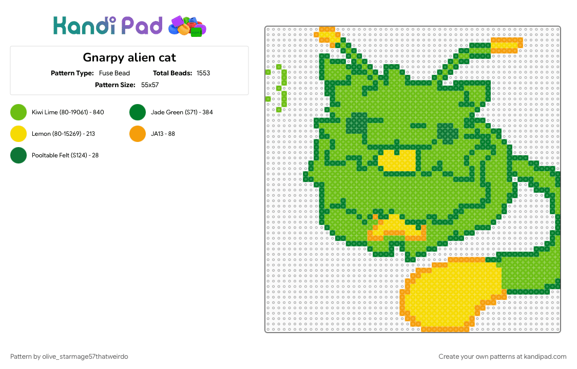 Gnarpy alien cat - Fuse Bead Pattern by ollie_we1rd0 on Kandi Pad - alien, cat, gnarpy, green