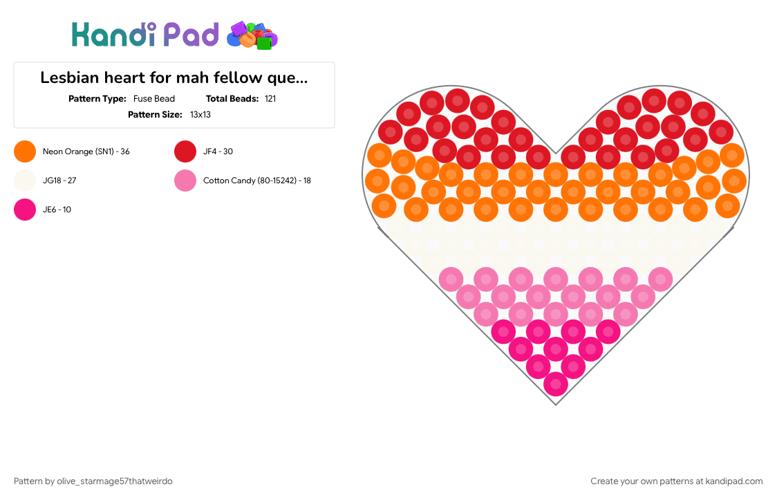 Lesbian heart for mah fellow queers:3 - Fuse Bead Pattern by olive_starmage57thatweirdo on Kandi Pad - heart, lesbian, orange, pride, red