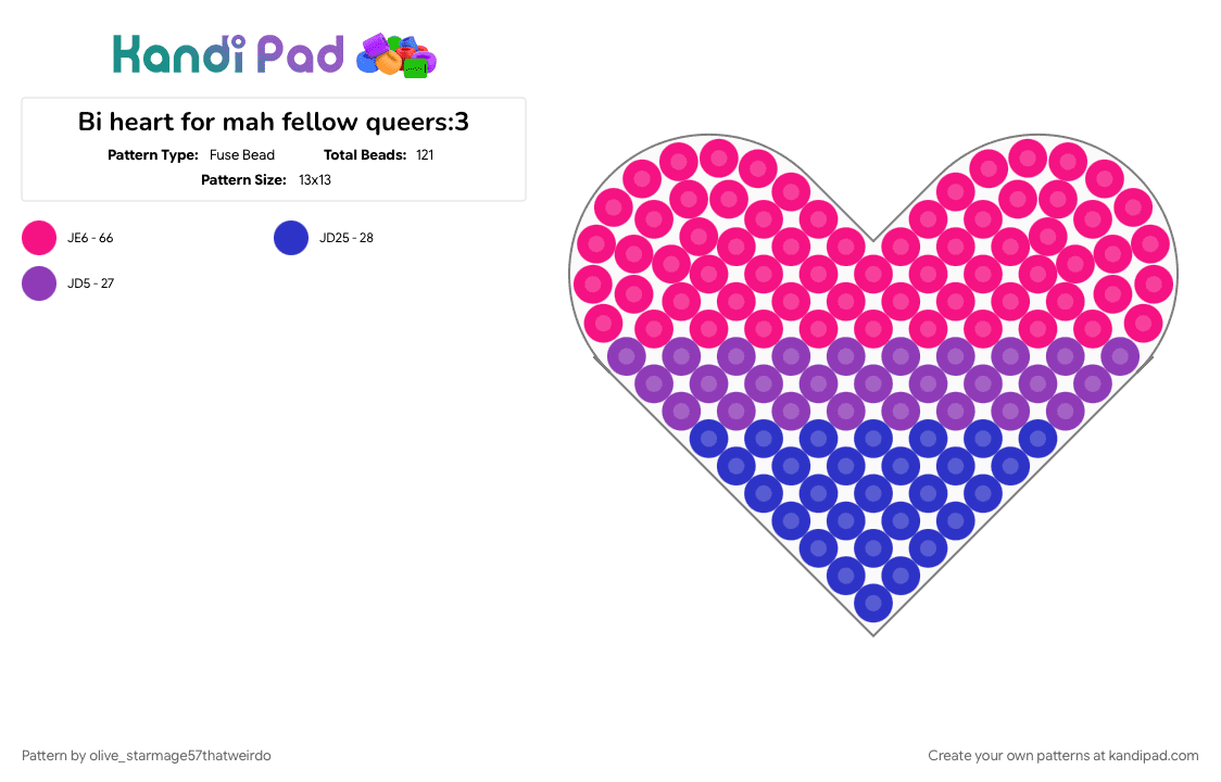 Bi heart for mah fellow queers:3 - Fuse Bead Pattern by olive_starmage57thatweirdo on Kandi Pad - bi, heart, pink, pride, purple, queer