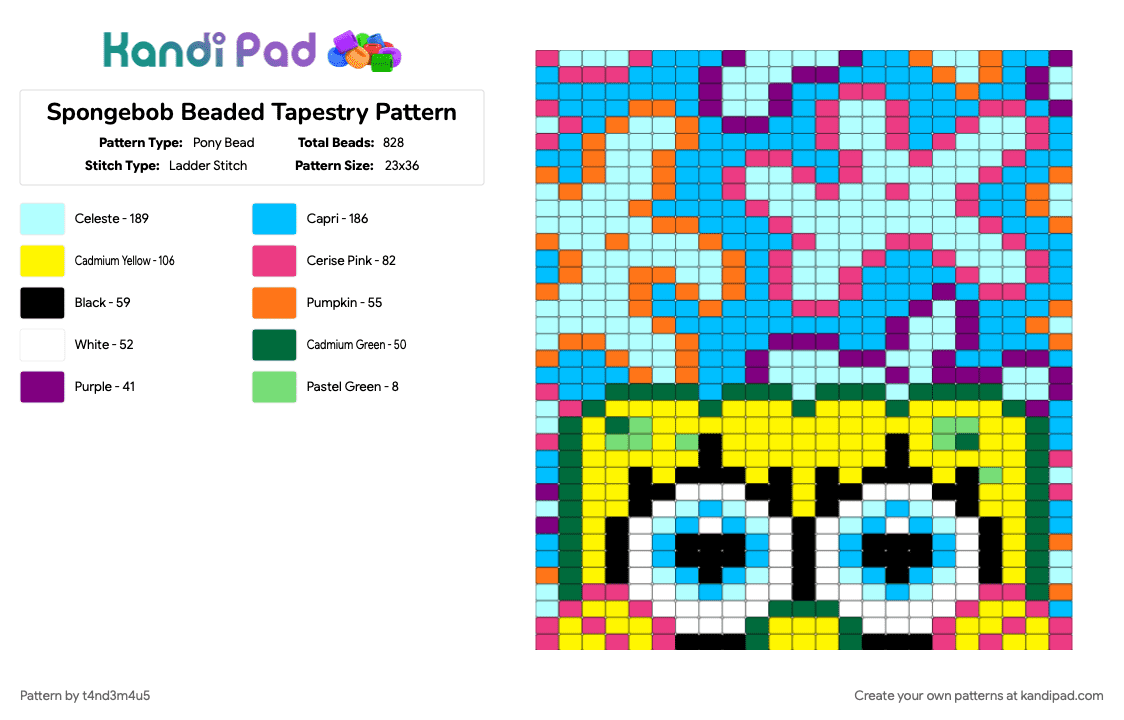 Spongebob Tapestry Pattern - Pony Bead Pattern by t4nd3m4u5 on Kandi Pad - beaded tapestry, character, cute, light blue, pink, pony bead tapestry, spongebob, spongebob squarepants, tapestry