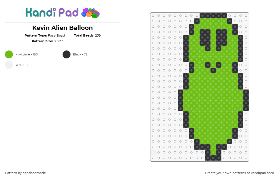 Kevin Alien Balloon - Fuse Bead Pattern by candacemade on Kandi Pad - kevin,alien,balloon,rave,edm,festival,music,cute,smile,green