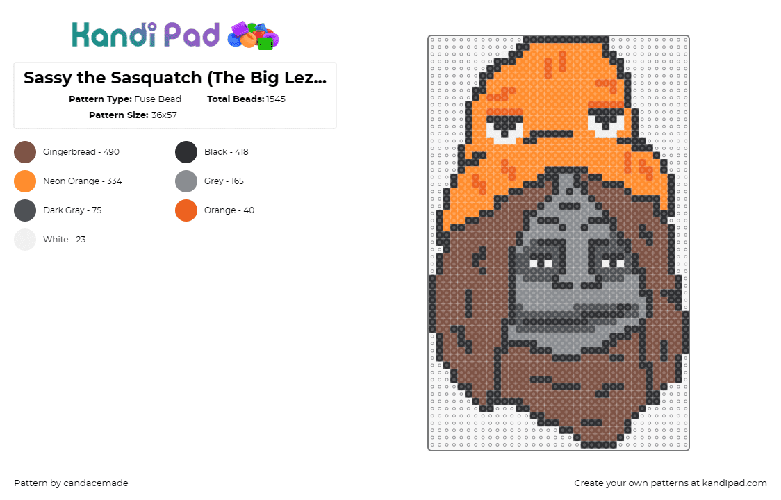 Sassy the Sasquatch (The Big Lez Show) - Fuse Bead Pattern by candacemade on Kandi Pad - sassy,sasquatch,big lez show,cartoon,tv show,hat,character,head,brown,orange,gra