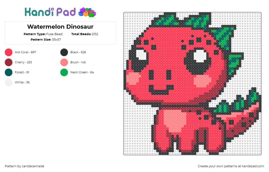 Watermelon Dinosaur - Fuse Bead Pattern by candacemade on Kandi Pad - dinosaur,watermelon,mashup,prehistoric,cute,fruit,animal,smile,chibi,kawaii,red,