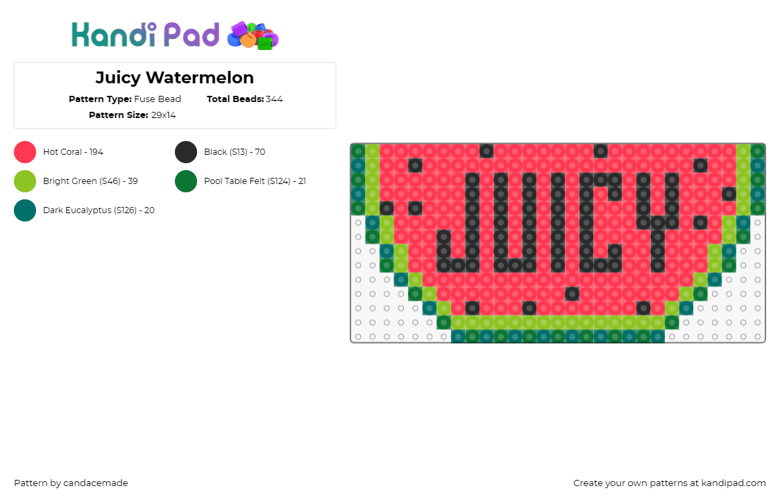 Juicy Watermelon - Fuse Bead Pattern by candacemade on Kandi Pad - watermelon,juicy,text,fruit,summer,sweet,food,red,green