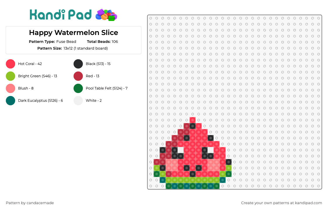 Happy Watermelon Slice - Fuse Bead Pattern by candacemade on Kandi Pad - watermelon,fruit,face,cute,smile,charm,pink,red,green