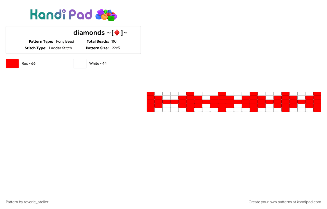 diamonds ~[♦️]~ - Pony Bead Pattern by reverie_atelier on Kandi Pad - cuff, diamond, diamonds, heartslabyul, red, repeating, twisted wonderland, white