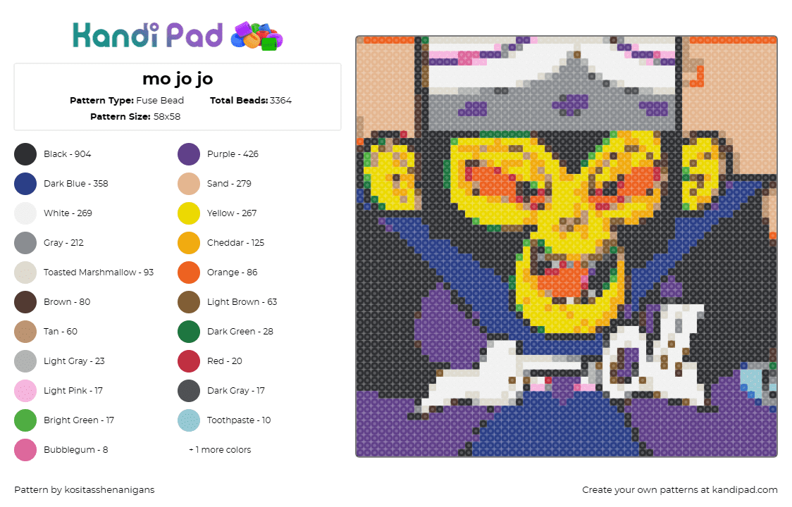 mo jo jo - Fuse Bead Pattern by kositasshenanigans on Kandi Pad - mojo jojo,powerpuff girls,villain,monkey,cartoon,tv show,yellow,purple