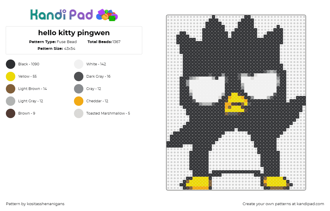 hello kitty pingwen - Fuse Bead Pattern by kositasshenanigans on Kandi Pad - badtzmaru,sanrio,penguin,character,kawaii,black,white