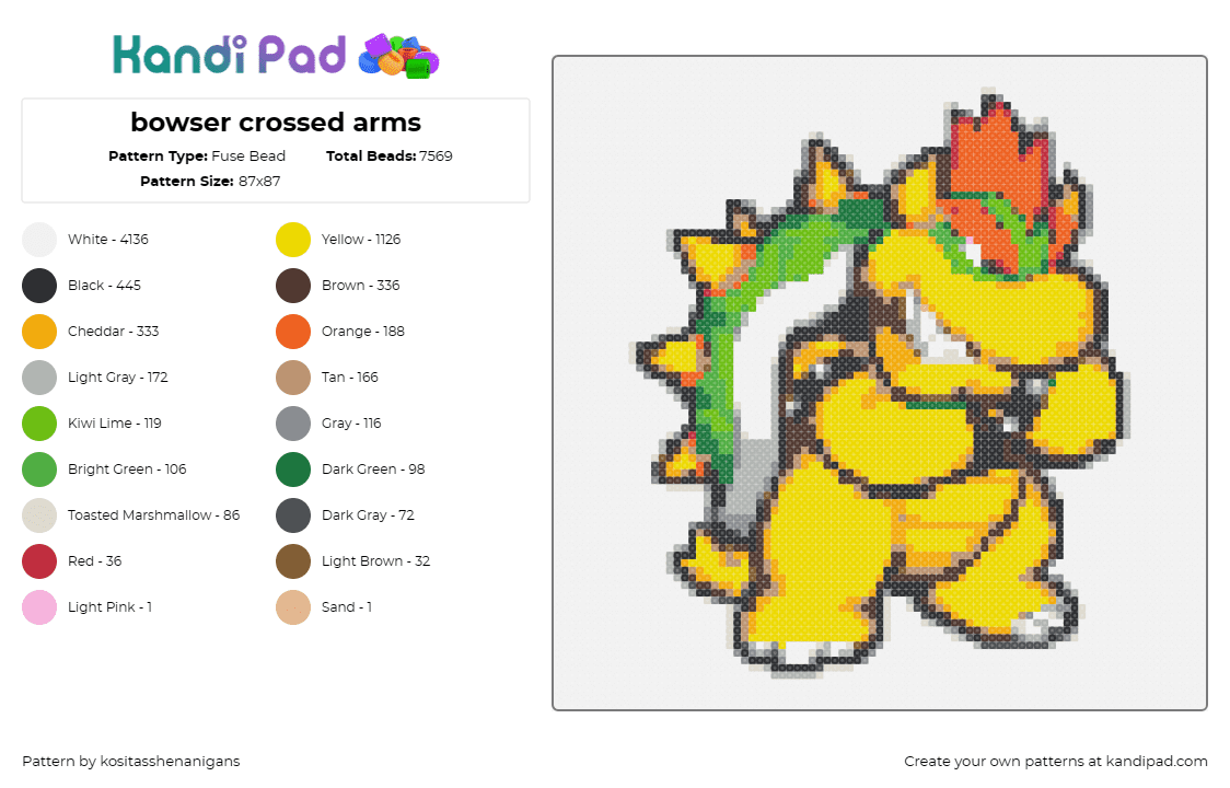 bowser crossed arms - Fuse Bead Pattern by kositasshenanigans on Kandi Pad - bowser,mario,nintendo,villain,mohawk,character,video game,yellow,green