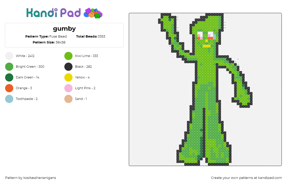 gumby - Fuse Bead Pattern by kositasshenanigans on Kandi Pad - gumby,wave,character,nostalgia,classic,animation,children,green