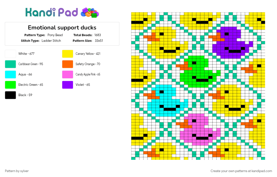 Emotional support ducks - Pony Bead Pattern by sylver on Kandi Pad - teal, white, yellow