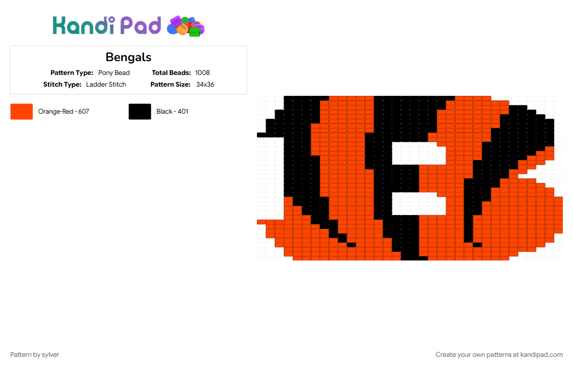 Bengals - Pony Bead Pattern by sylver on Kandi Pad - black, cincinnati bengals, football, logo, red, sports team