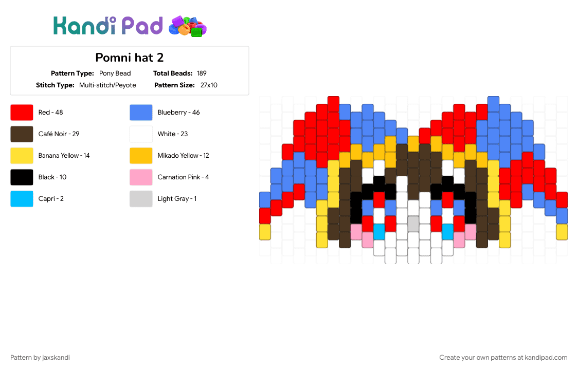 Pomni hat 2 - Pony Bead Pattern by jaxskandi on Kandi Pad - blue, brown, red, yellow