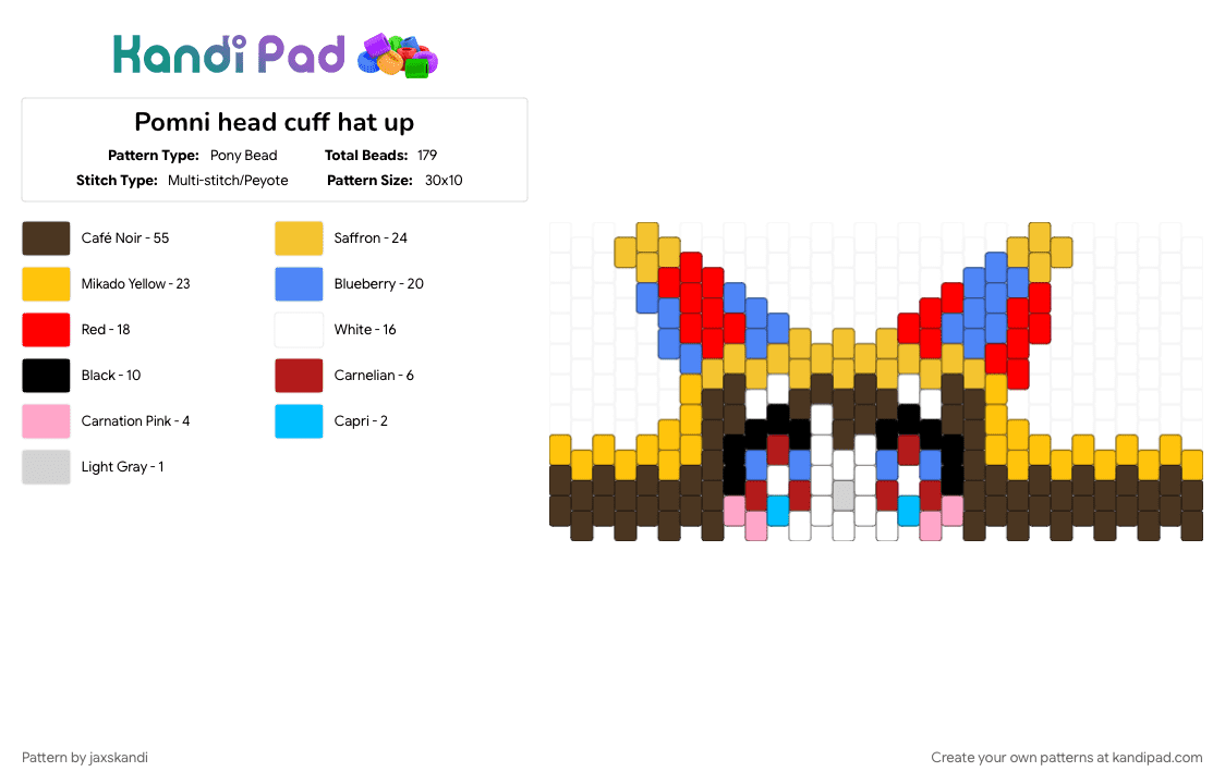 Pomni head cuff hat up - Pony Bead Pattern by jaxskandi on Kandi Pad - brown, red, yellow