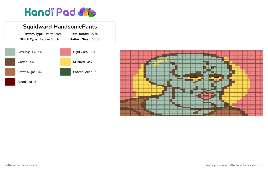Squidward HandsomePants - Pony Bead Pattern by mamasilvers on Kandi Pad - brown, red, teal