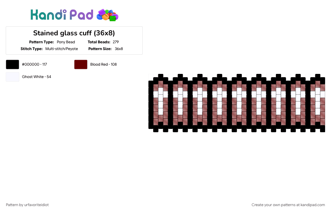 Stained glass cuff (36x8) - Pony Bead Pattern by urfavoriteidiot on Kandi Pad - black, brown, dark, dark colors, multistitch, multistitch cuff, red, stained glass, white
