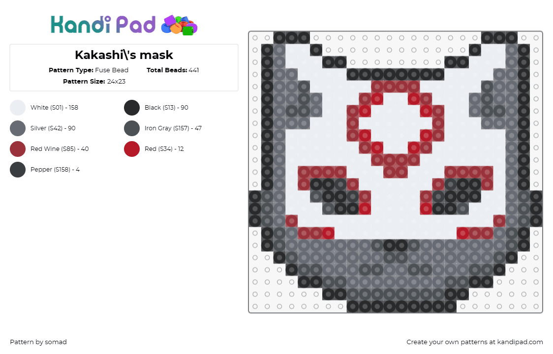 Kakashi\'s mask - Fuse Bead Pattern by somad on Kandi Pad - anbu,hatake kakashi,naruto,mask,cat,anime,white,red,gray