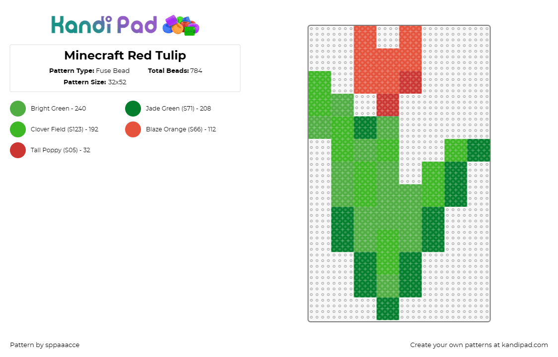 Minecraft Red Tulip - Fuse Bead Pattern by sppaaacce on Kandi Pad - tulip,flower,minecraft,nature,video game,green,red
