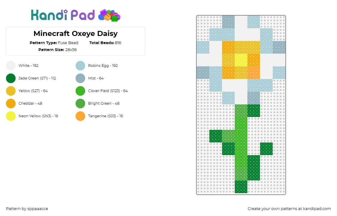 Minecraft Oxeye Daisy - Fuse Bead Pattern by sppaaacce on Kandi Pad - daisy,flower,minecraft,nature,video game,green,white,yellow