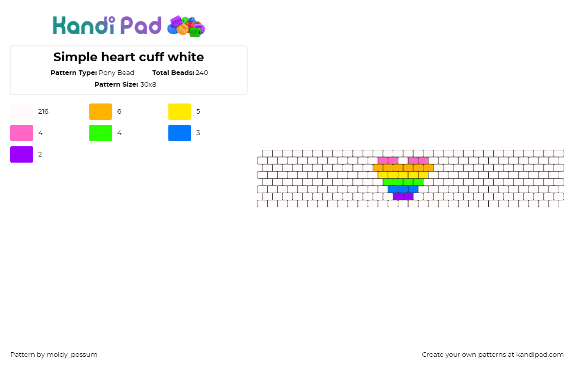 Simple heart cuff white - Pony Bead Pattern by moldy_possum on Kandi Pad - heart,love,colorful,cuff,beige